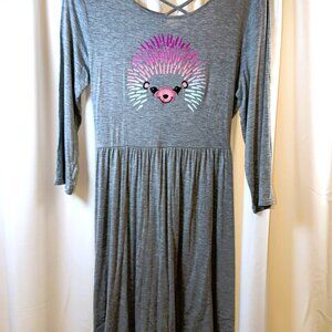 NWT Girls Justice 3/4 Sleeve Gray Dress w/Colorful Porcupine Size 18/20, 20 Plus